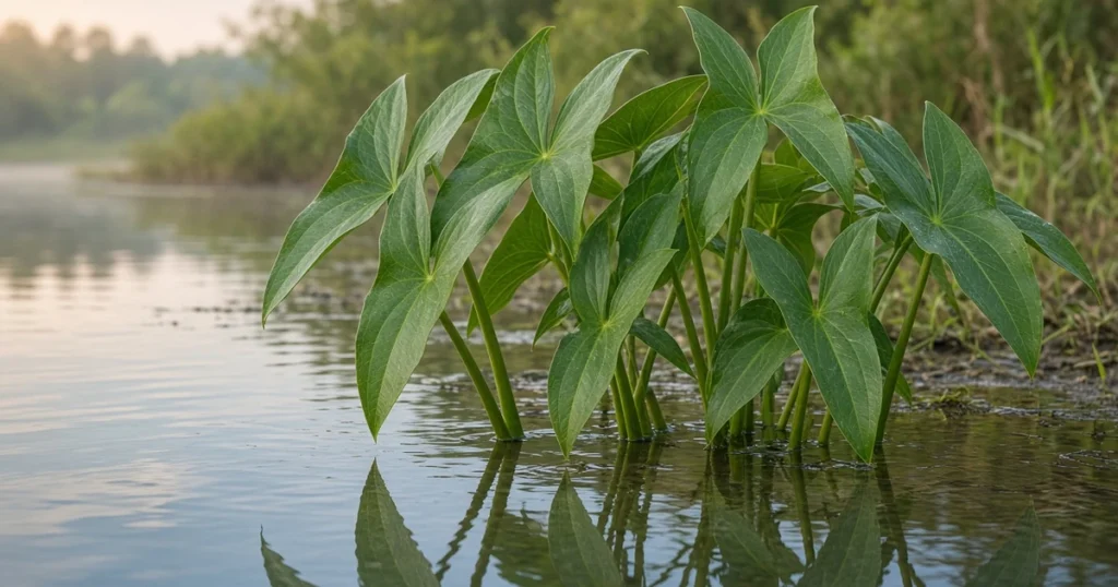 Arrow shaped leaves of a wetland plant at a pond edge