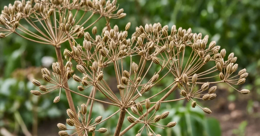 Dry dill seed heads with ripe paired seeds