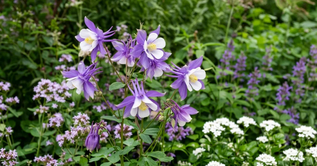 Columbine flowers in a mixed perennial bed