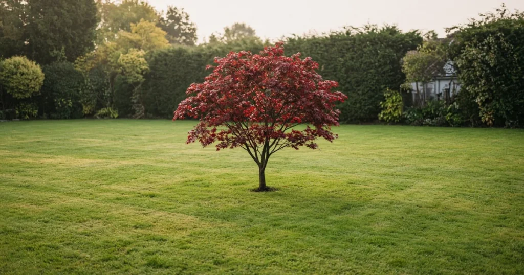 Single small ornamental tree standing alone in a lawn