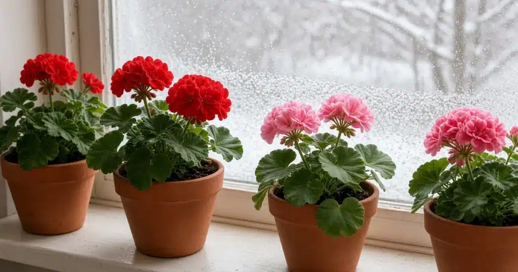Potted geraniums brought indoors for winter