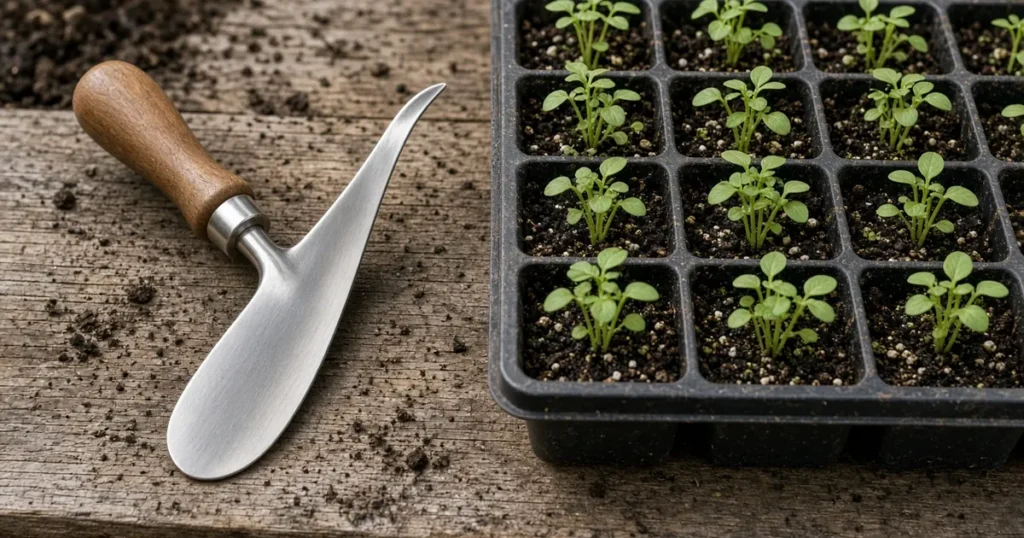 Small metal garden tool beside a seed tray