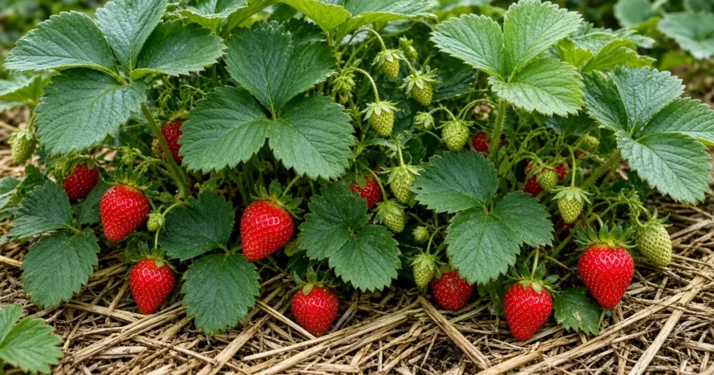 Strawberry plants with ripe and green berries