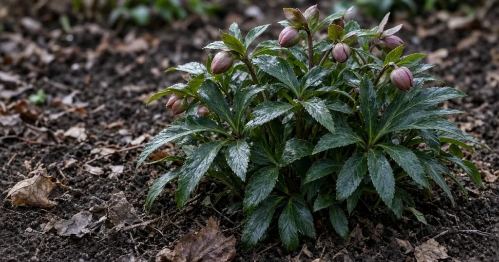 Hellebore leaves green in a winter garden bed
