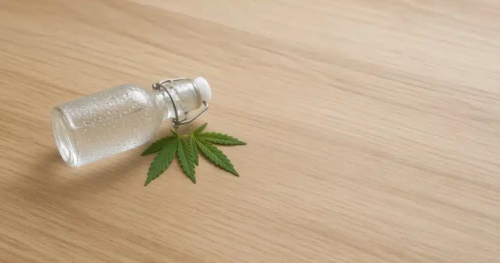 Glass bottle of water beside hemp leaves