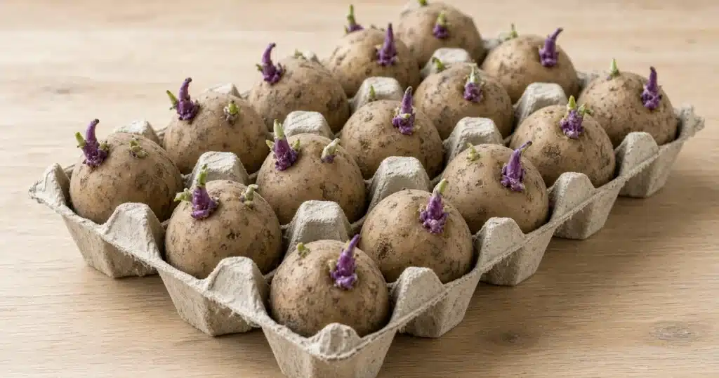 Seed potatoes with short green sprouts in a tray