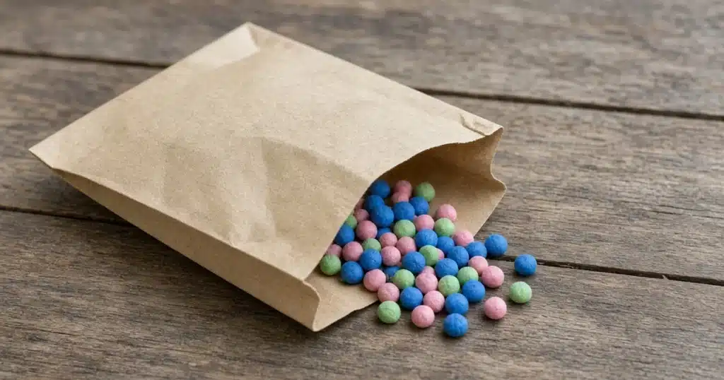 Brightly colored coated seeds in a packet