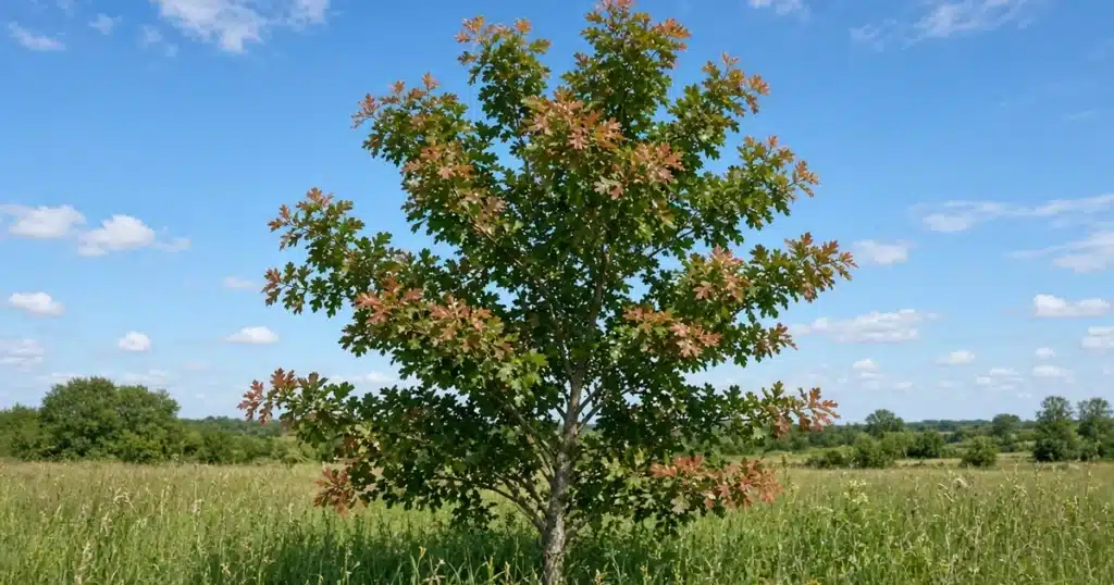 Young oak tree with a flush of red new shoots in summer