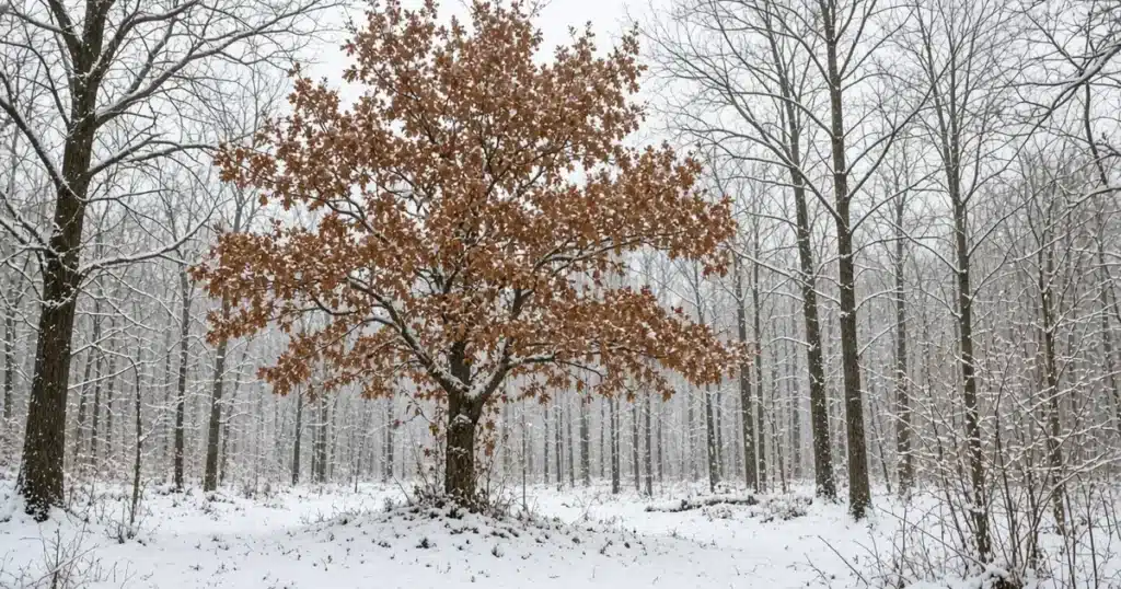 Young oak tree holding brown leaves in a snowy woods