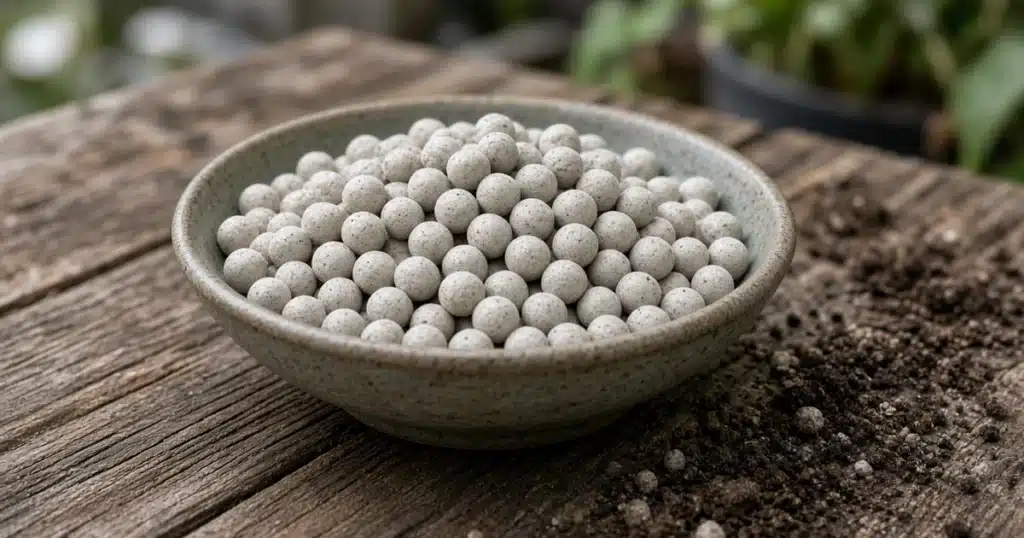 Round pelleted seeds in a small dish