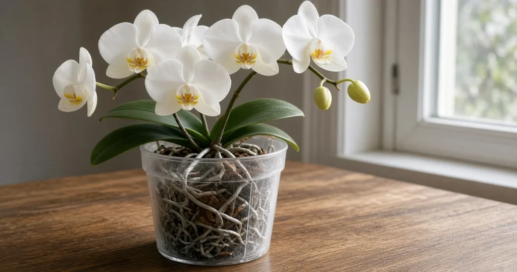 Moth orchid with silvery aerial roots in a clear pot