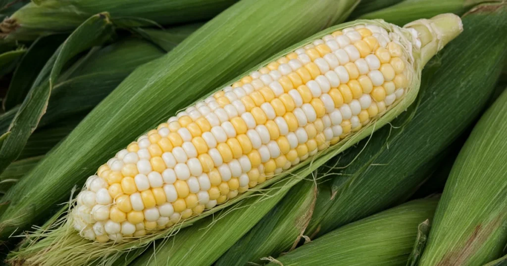 Ear of sweet corn with mixed white and yellow kernels
