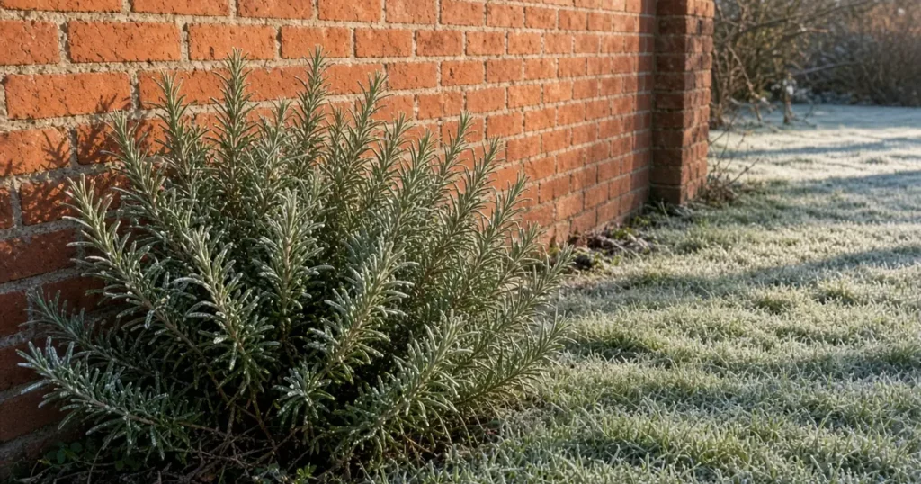 Tender plant beside a sunny brick wall in winter