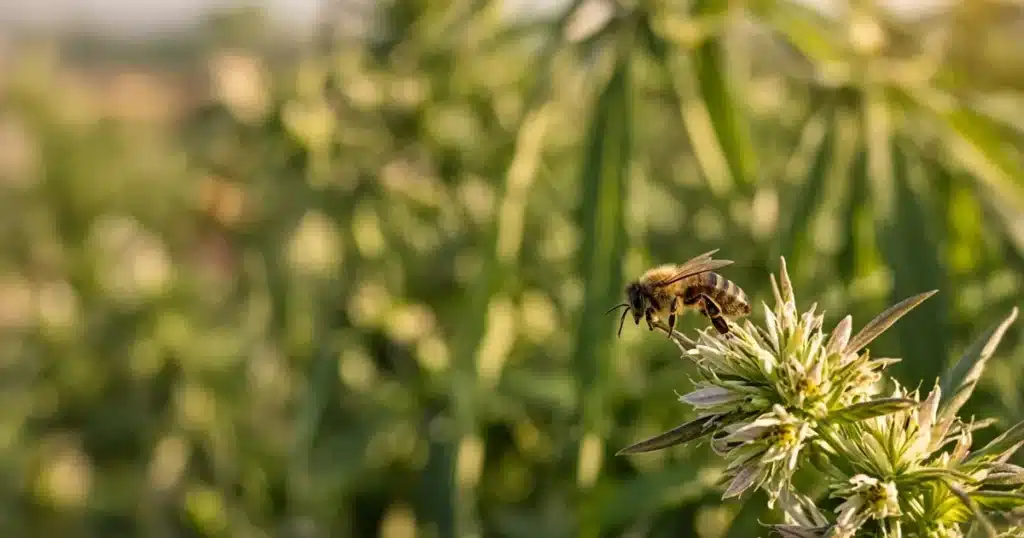 Honeybee in an outdoor cannabis garden