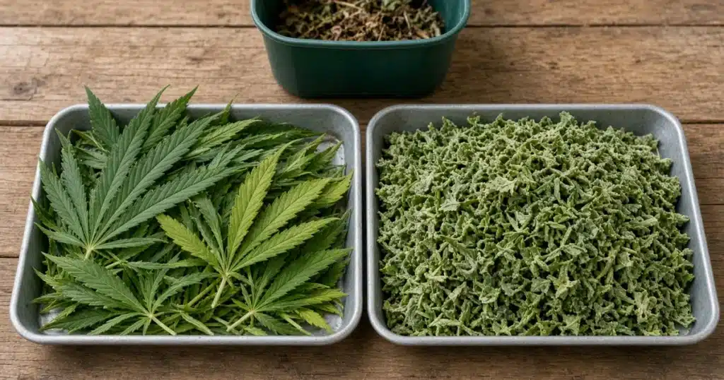 Cannabis fan leaves and sugar trim sorted on two trays, with a compost bin behind