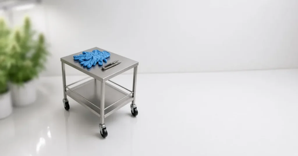 Steel work cart with trimming snips and gloves beside potted plants