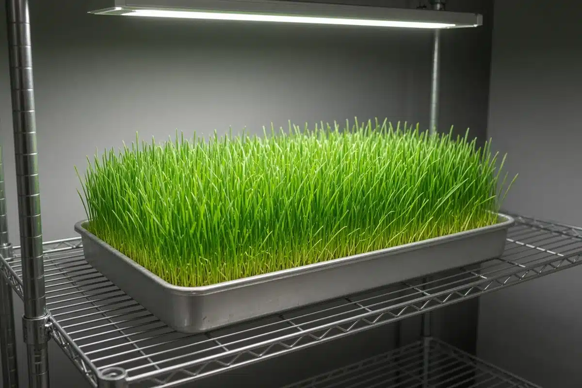 Wheatgrass tray on a shelf under a light
