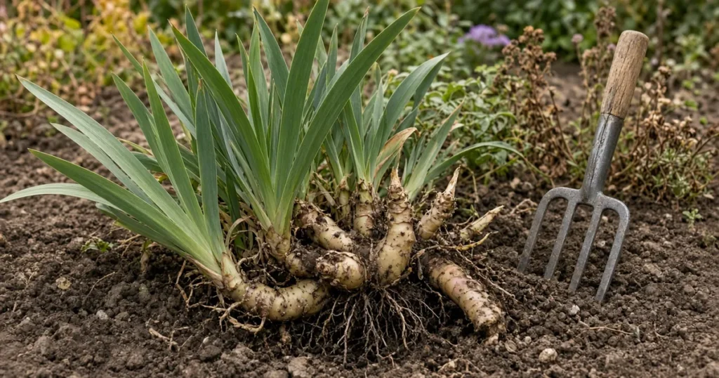 Clump of iris rhizomes lifted with a garden fork