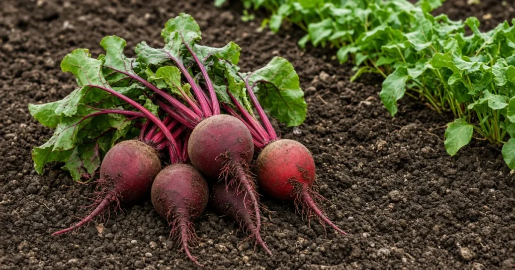 Freshly pulled beets with greens