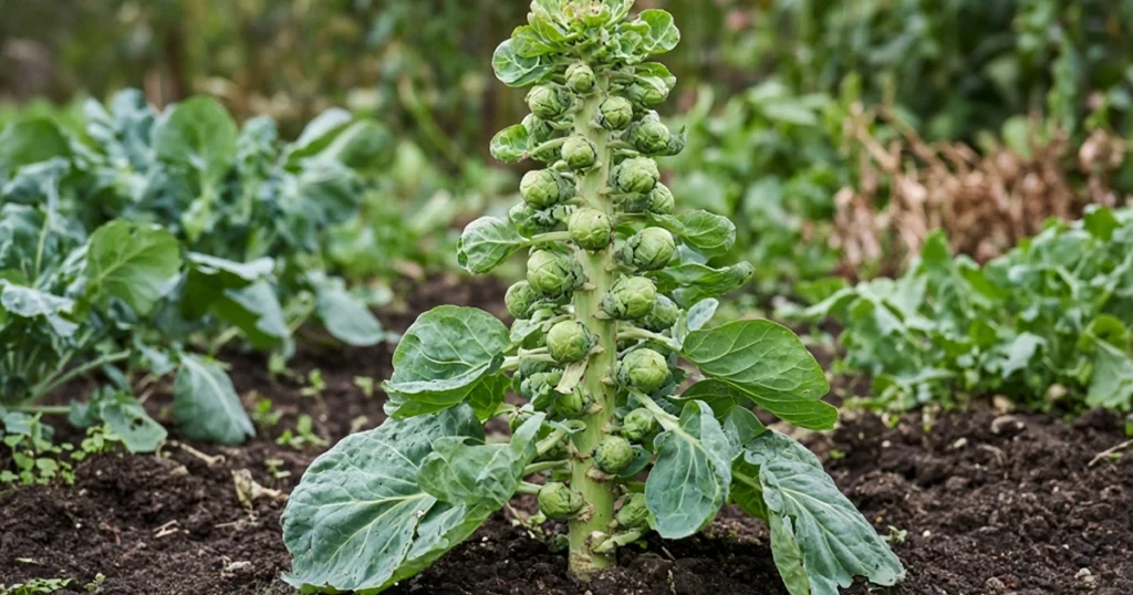 Brussels sprouts stalk in a garden