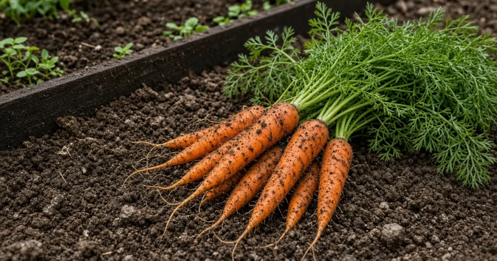 Freshly pulled carrots with tops