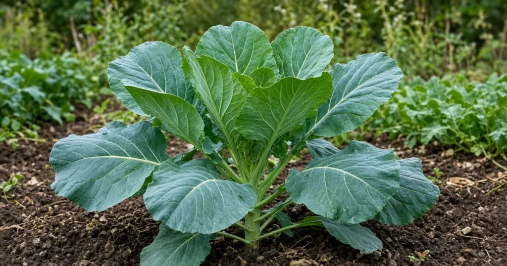Collard plant with large lower leaves