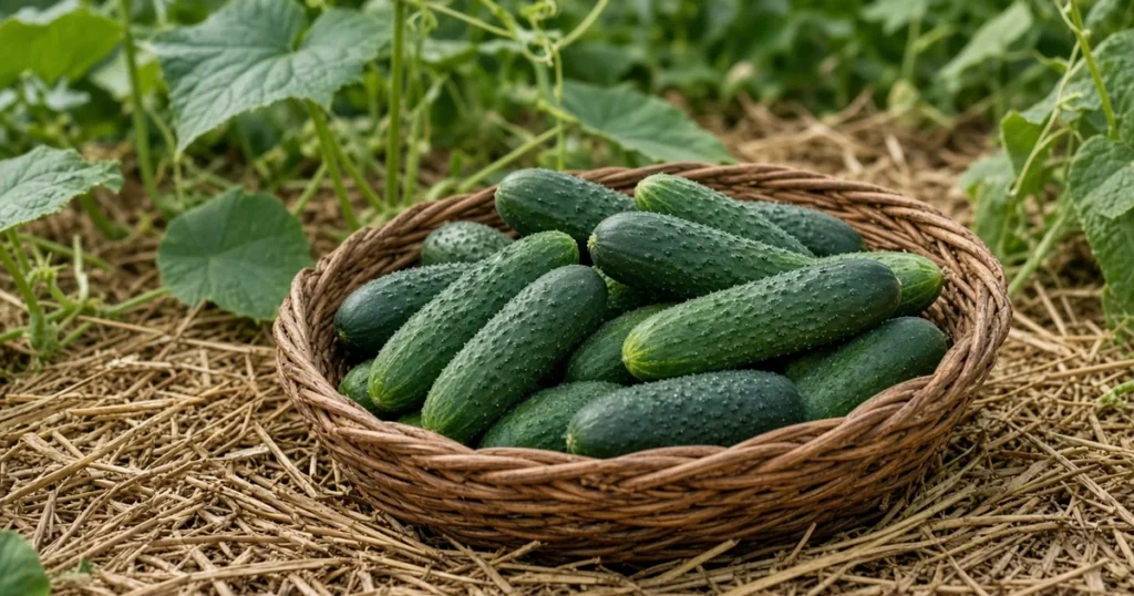 Freshly picked cucumbers in a basket
