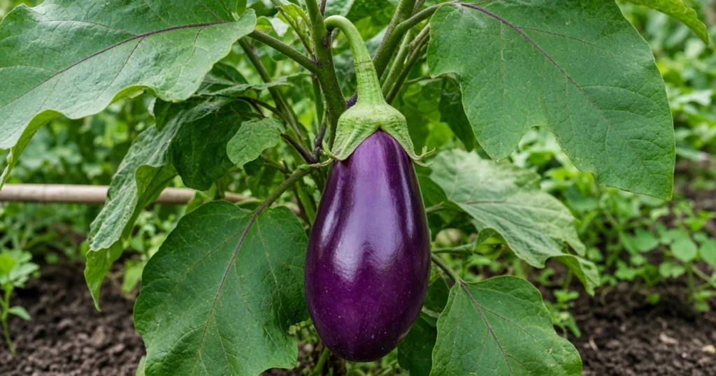 Glossy eggplant on the plant