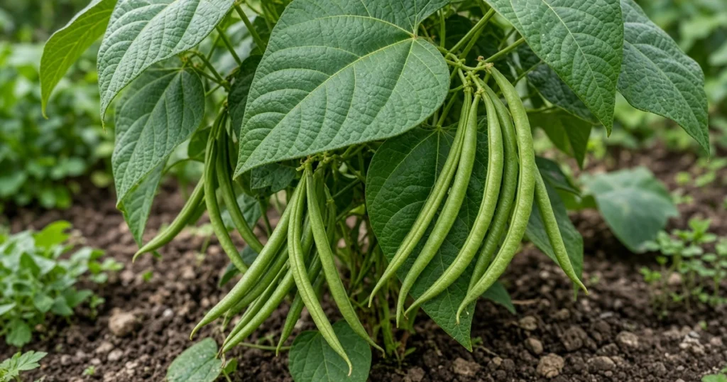 Green bean pods on a plant