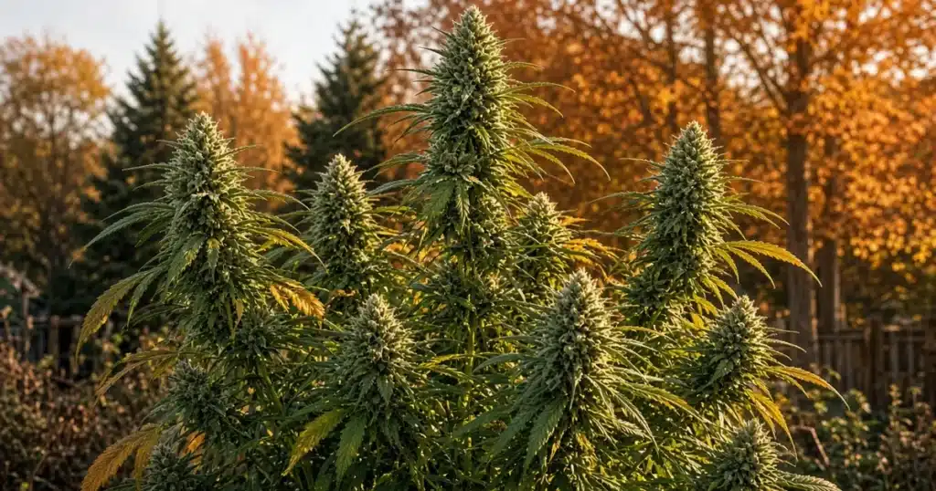 Tall outdoor cannabis plants with mature buds in a backyard garden in autumn light with orange leaves on the trees behind