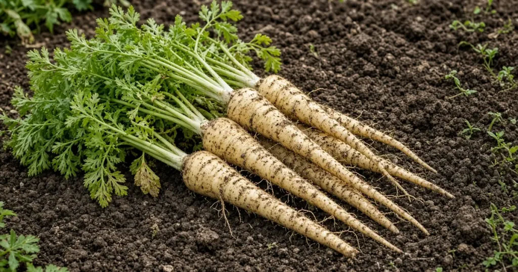 Freshly dug parsnips on soil