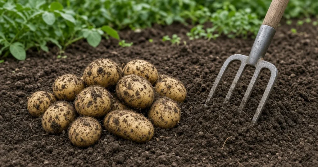 Freshly dug potatoes on soil