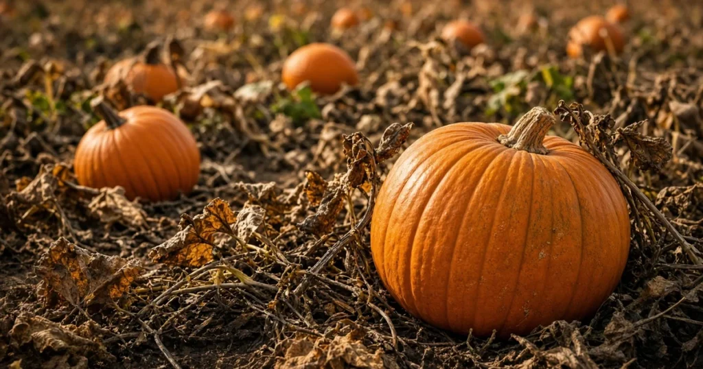 Ripe orange pumpkins in a field with drying vines
