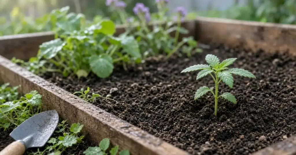 Young cannabis seedling planted in a raised garden bed on a spring morning