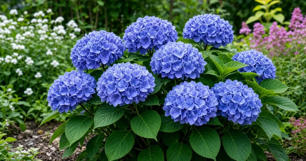 Bigleaf hydrangea with blue flowers in a garden