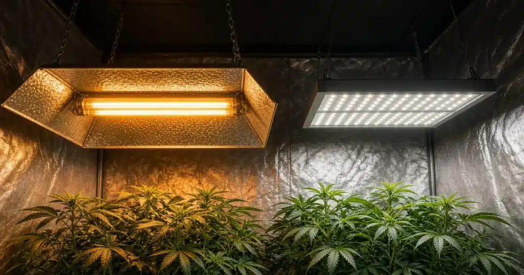 Older HPS lamp set beside a newer LED grow light over cannabis plants inside a tent