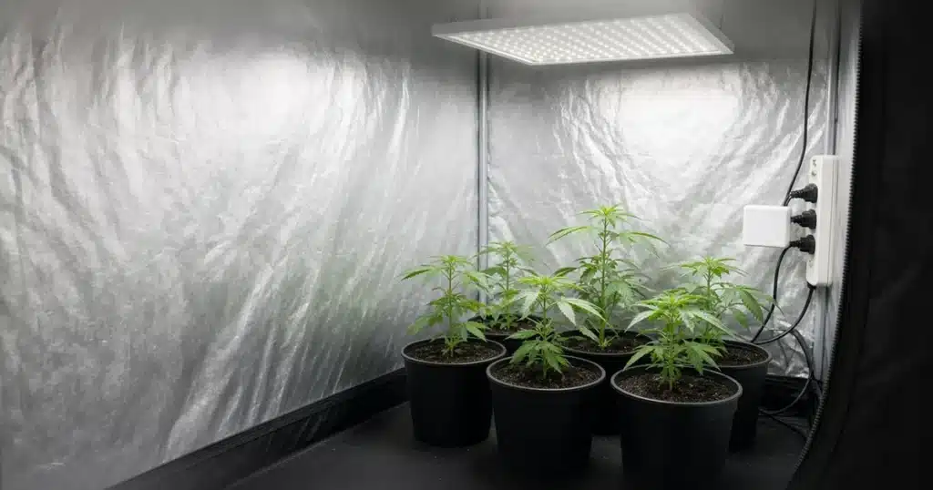 Cannabis plants in an indoor grow tent under a light