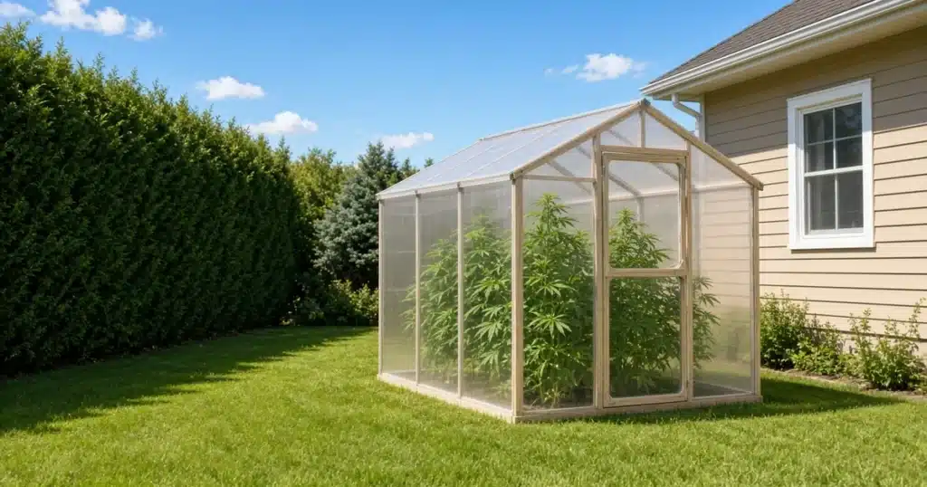 Small greenhouse with cannabis plants on a level sunny lawn south of a house, sheltered by a hedge windbreak