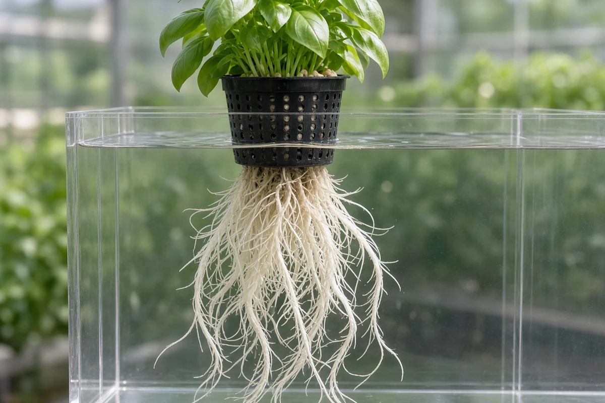 White basil roots in a hydroponic system
