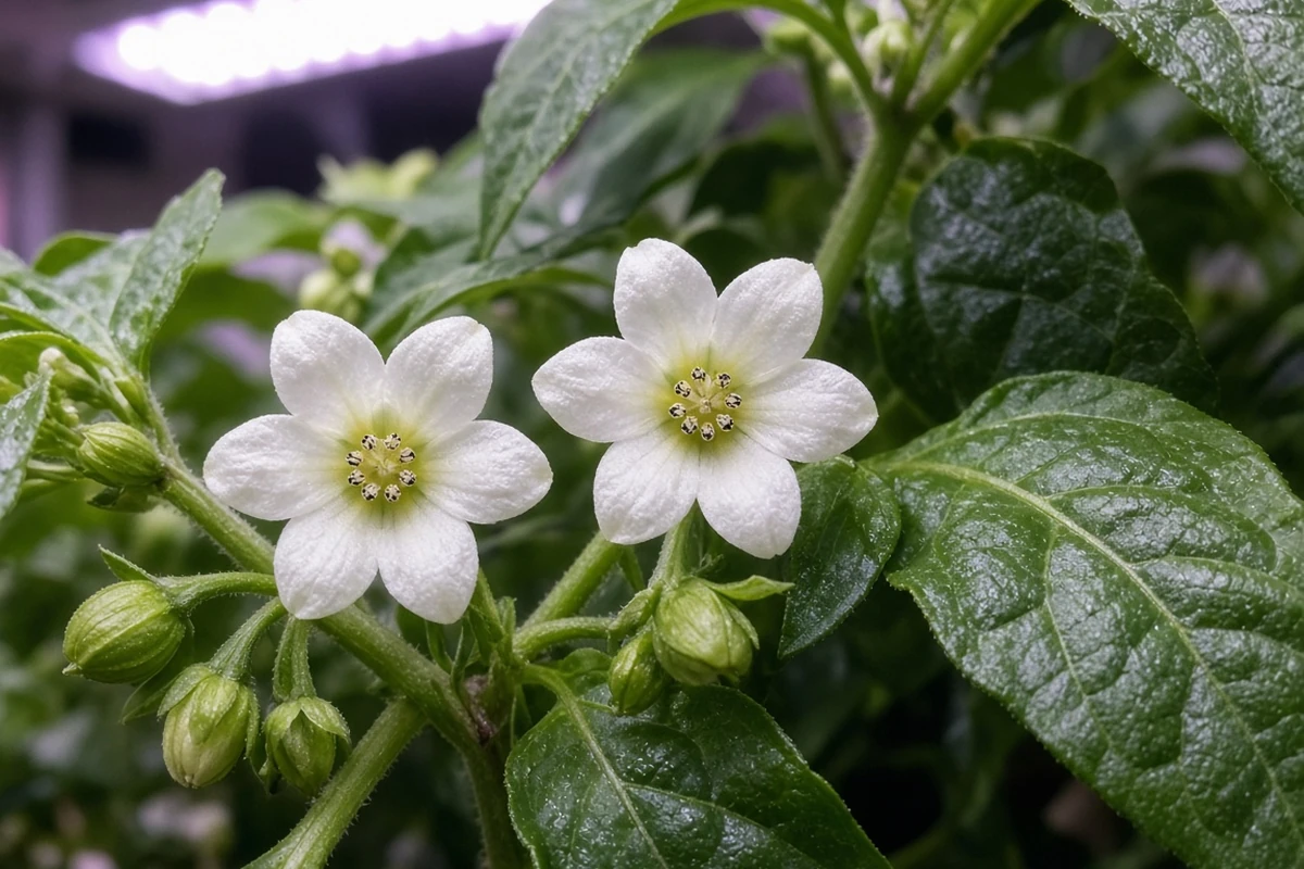 White chili flowers on a pepper plant beneath grow lights