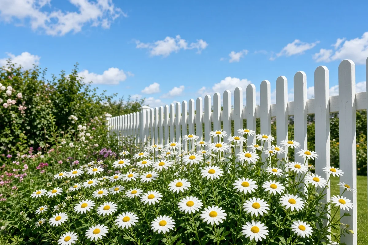 White daisies blooming along a picket fence