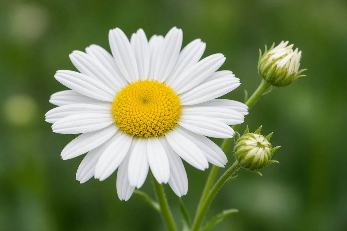 White daisy flower beside two unopened buds