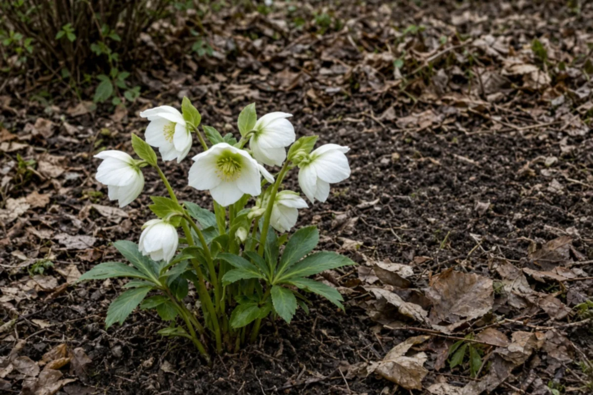 White hellebore flowers rising from bare soil and old leaves