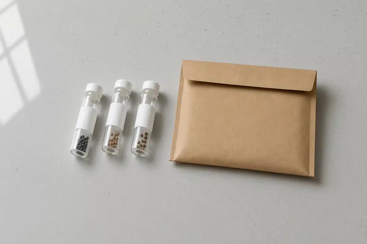 Seed vials with plain white labels beside a plain kraft mailing envelope