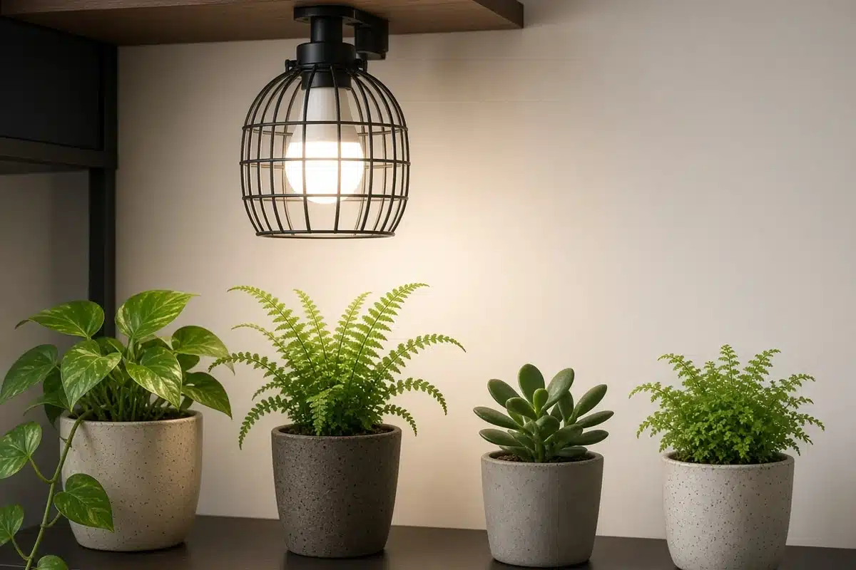 White LED grow bulb in a decorative fixture over plants