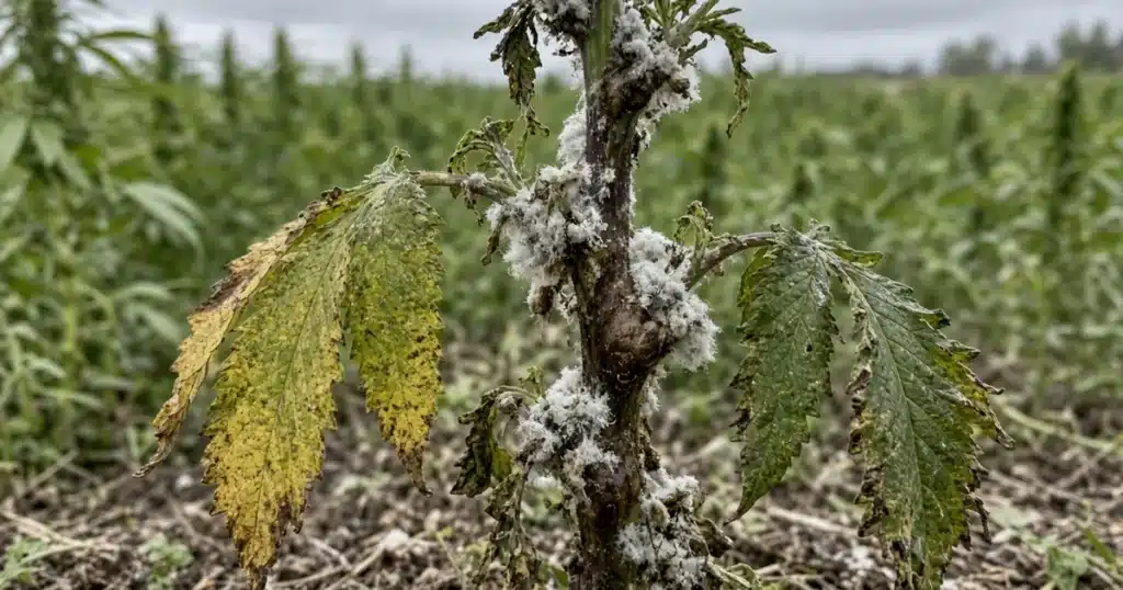 Hemp stem covered in fluffy white mold growth with brown, water-soaked tissue around it