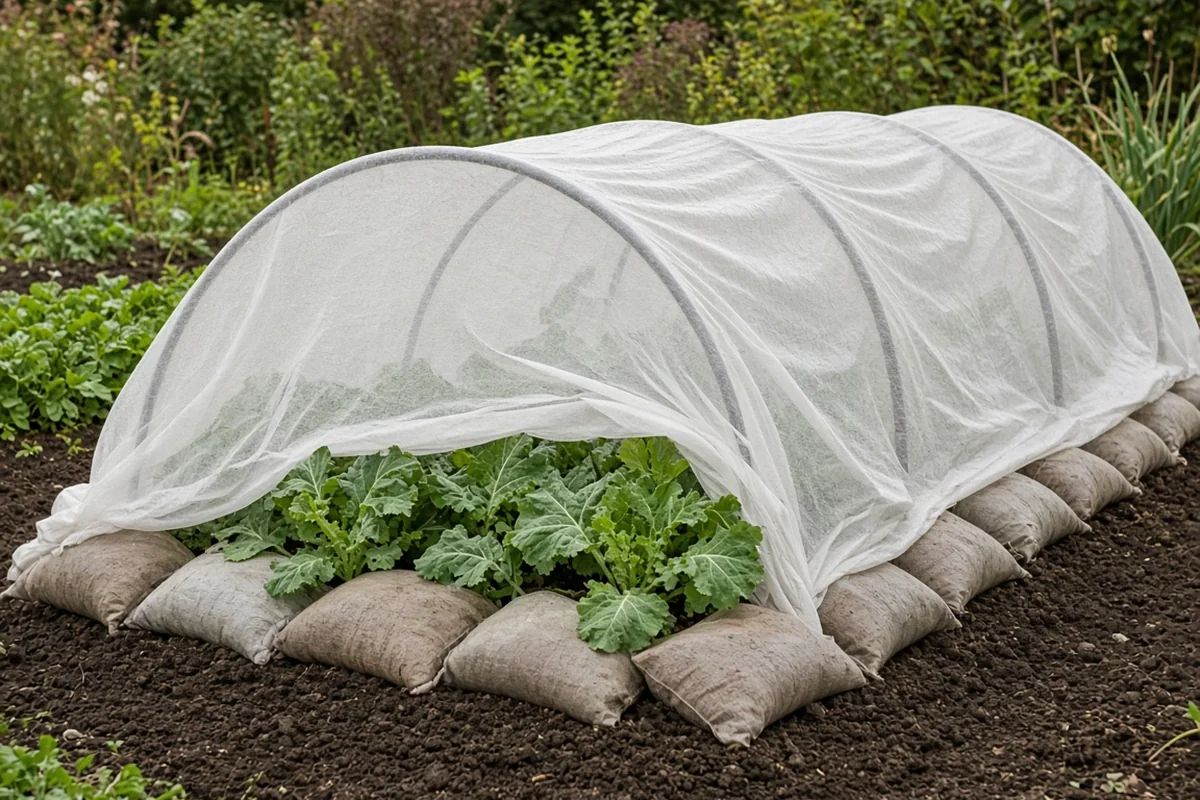 White row cover over hoops held down with sandbags