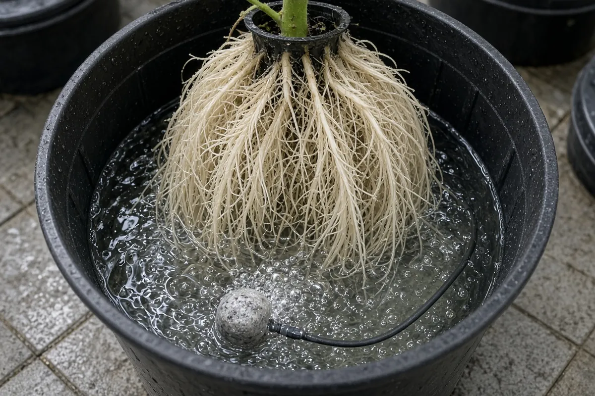 White tomato roots in a hydroponic bucket