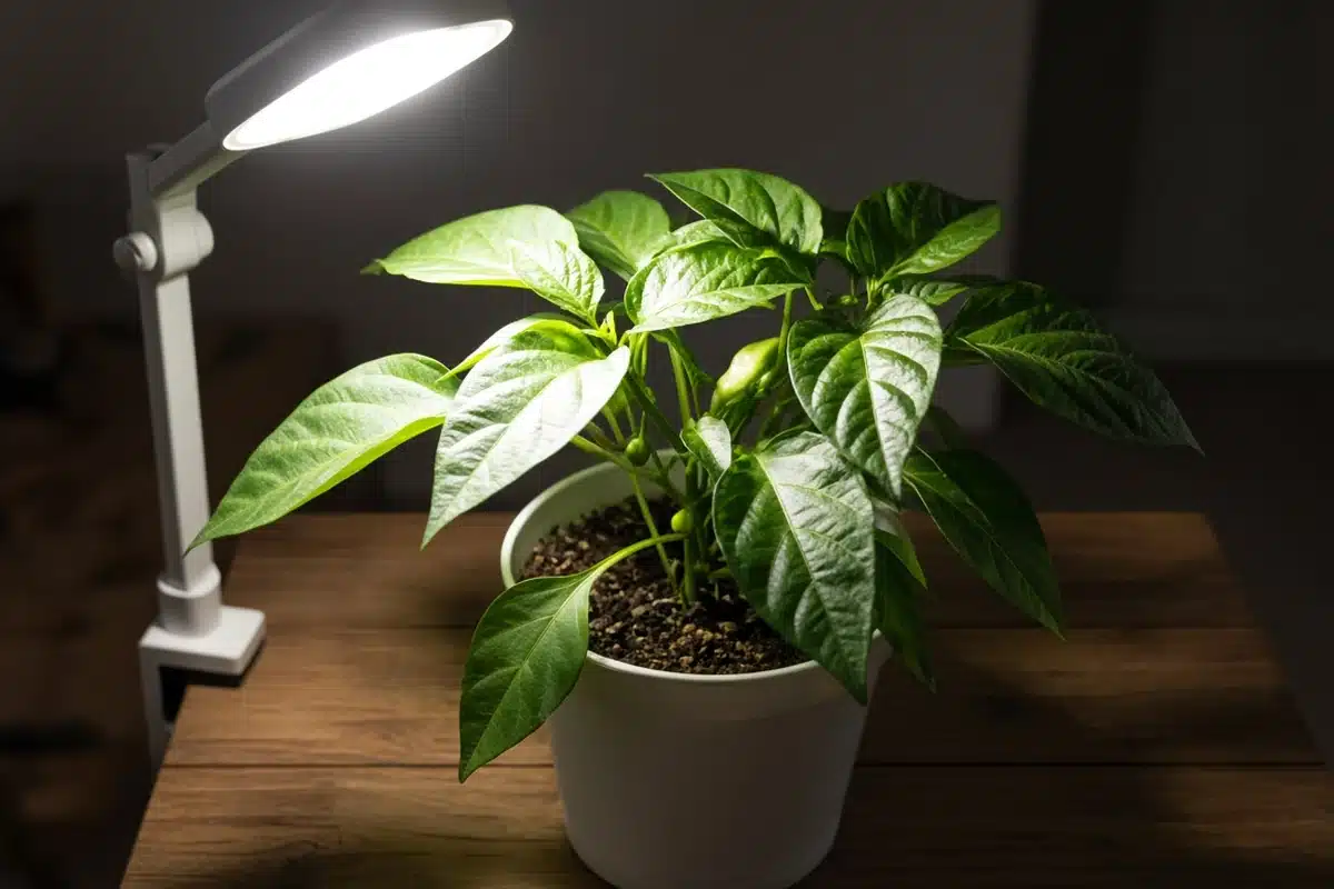 White work light shining on a plant