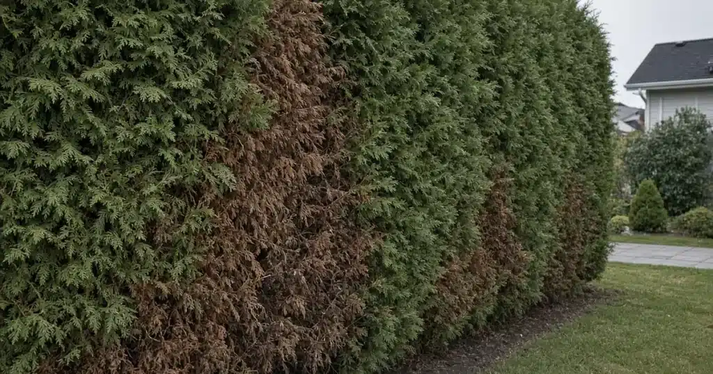Arborvitae hedge with brown patches on one side